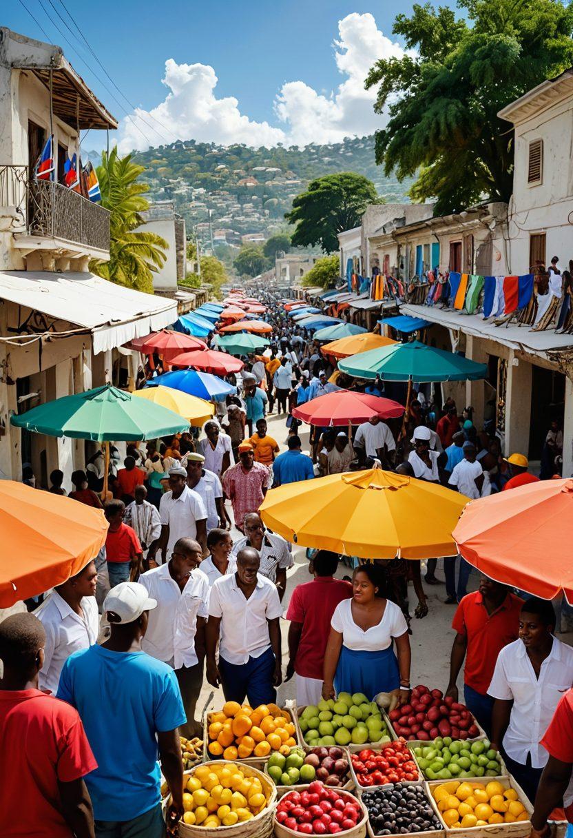 A vibrant community gathering in Haiti with diverse people engaged in conversation, sharing news, and exchanging ideas, set against a bright market backdrop filled with colorful fruits and handmade crafts. Incorporate elements of traditional Haitian culture, like flags and art. The atmosphere is lively and warm, showcasing a sense of unity and information sharing in the community. bright colors. super-realistic.