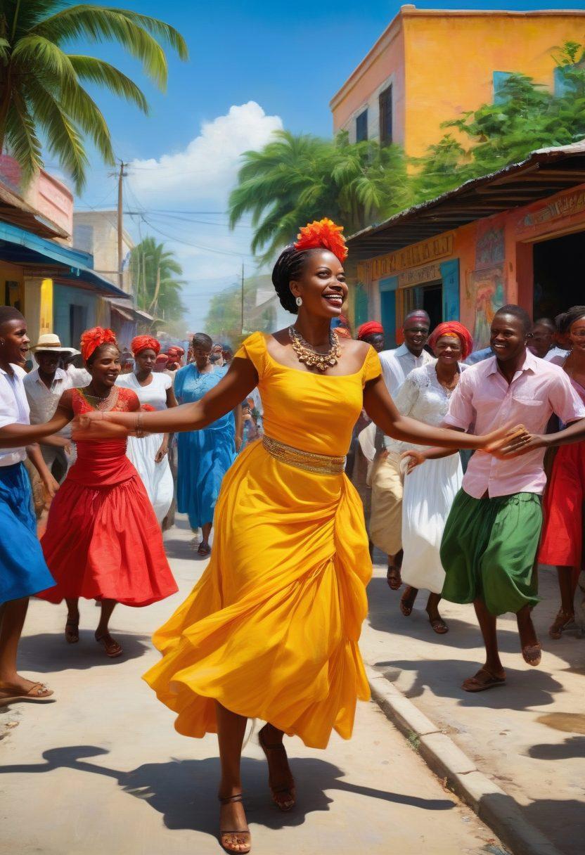 A vibrant street scene in Haiti, showcasing colorful murals, locals dancing and celebrating, surrounded by lush tropical greenery. Include elements of traditional Haitian art, like metal sculptures and hand-painted signs. Emphasize a lively atmosphere filled with music and laughter, symbolizing community and resilience. Bright colors and cultural artifacts abound, inspiring a sense of heritage. super-realistic. vibrant colors. dynamic composition.