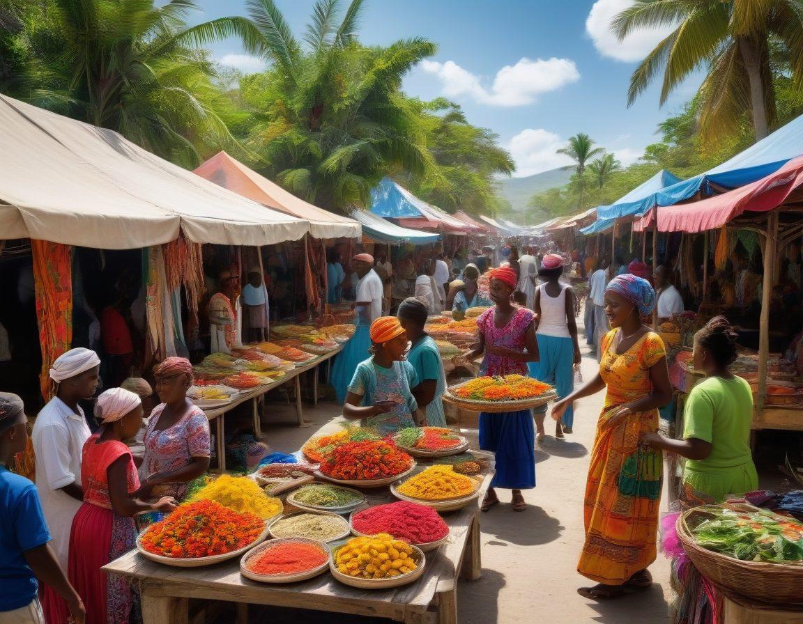 A colorful market scene in Haiti showcasing vibrant textiles, traditional dishes, and local musicians playing lively music. Include elements like street vendors selling handmade crafts, tropical plants in the backdrop, and locals dressed in traditional attire. The scene should radiate joy and community spirit, capturing the essence of Haitian culture. vibrant colors. super-realistic. lively atmosphere.